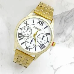 OROLOGIO POLSO JIEERSI UOMO ACCIAIO DORATO ANALOGICO CRONOGRAFO QUADRANTE BIANCO
