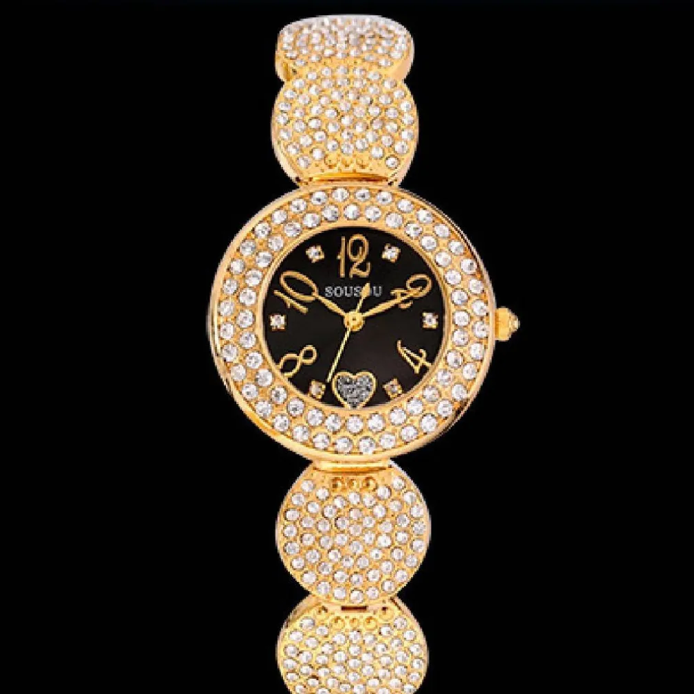 OROLOGIO POLSO SOUSOU S6097 DONNA CUORE BRILLANTINI MOVIMENTO QUARZO DORATO NERO