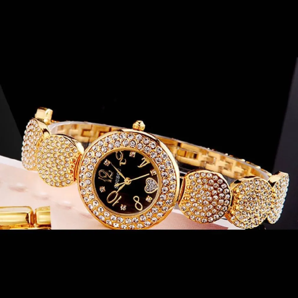 OROLOGIO POLSO SOUSOU S6097 DONNA CUORE BRILLANTINI MOVIMENTO QUARZO DORATO NERO