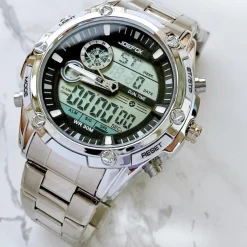 OROLOGIO POLSO UOMO ANALOGICO DIGITALE MULTIFUNZIONE CRONOGRAFO SILVER