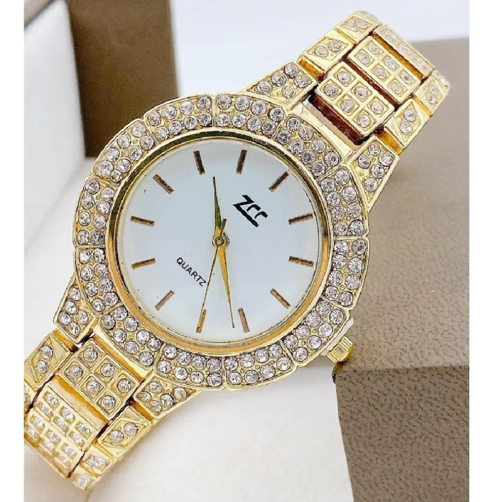 OROLOGIO POLSO ZCC DONNA QUARZO ACCIAIO MODA BRILLANTINI DORATO QUADRANTE BIANCO