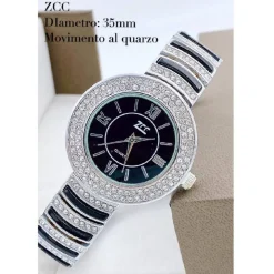 OROLOGIO POLSO ZCC DONNA ANALOGICO QUARZO ACCIAIO MODA BRILLANTINI SILVER NERO