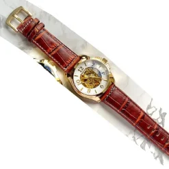 OROLOGIO POLSO ZCC G8239 UOMO AUTOMATICO CINTURINO PELLE MARRONE BIANCO DORATO