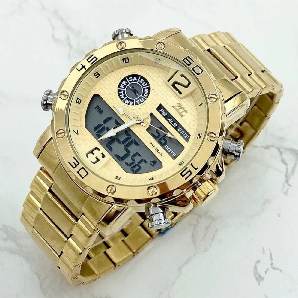 OROLOGIO POLSO ZCC UOMO ACCIAIO DUAL TIME CALENDARIO ALLARME IMPERMEABILE DORATO