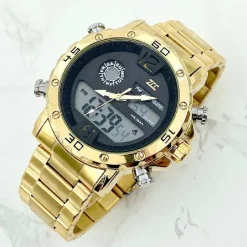 OROLOGIO POLSO ZCC UOMO ACCIAIO DUAL TIME DATA ALLARME IMPERMEABILE DORATO NERO