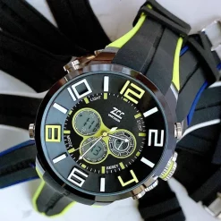 OROLOGIO POLSO ZCC UOMO ANALOGICO DIGITALE DUAL TIME SVEGLIA SPORT GIALLO NERO