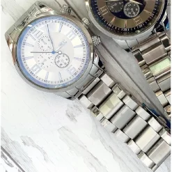 OROLOGIO POLSO ZCC UOMO ANALOGICO ACCIAIO MODERNO CRONO SILVER QUADRANTE BIANCO