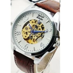 OROLOGIO POLSO ZCC UOMO AUTOMATICO CINTURINO PELLE CASUAL MARRONE SILVER BIANCO