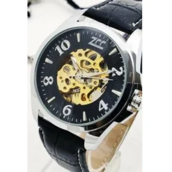 OROLOGIO POLSO ZCC UOMO ANALOGICO AUTOMATICO CINTURINO PELLE CASUAL NERO SILVER
