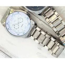 OROLOGIO POLSO ZCC UOMO ACCIAIO ANALOGICO QUARZO CRONOGRAFO SILVER QUADRANTE BIANCO