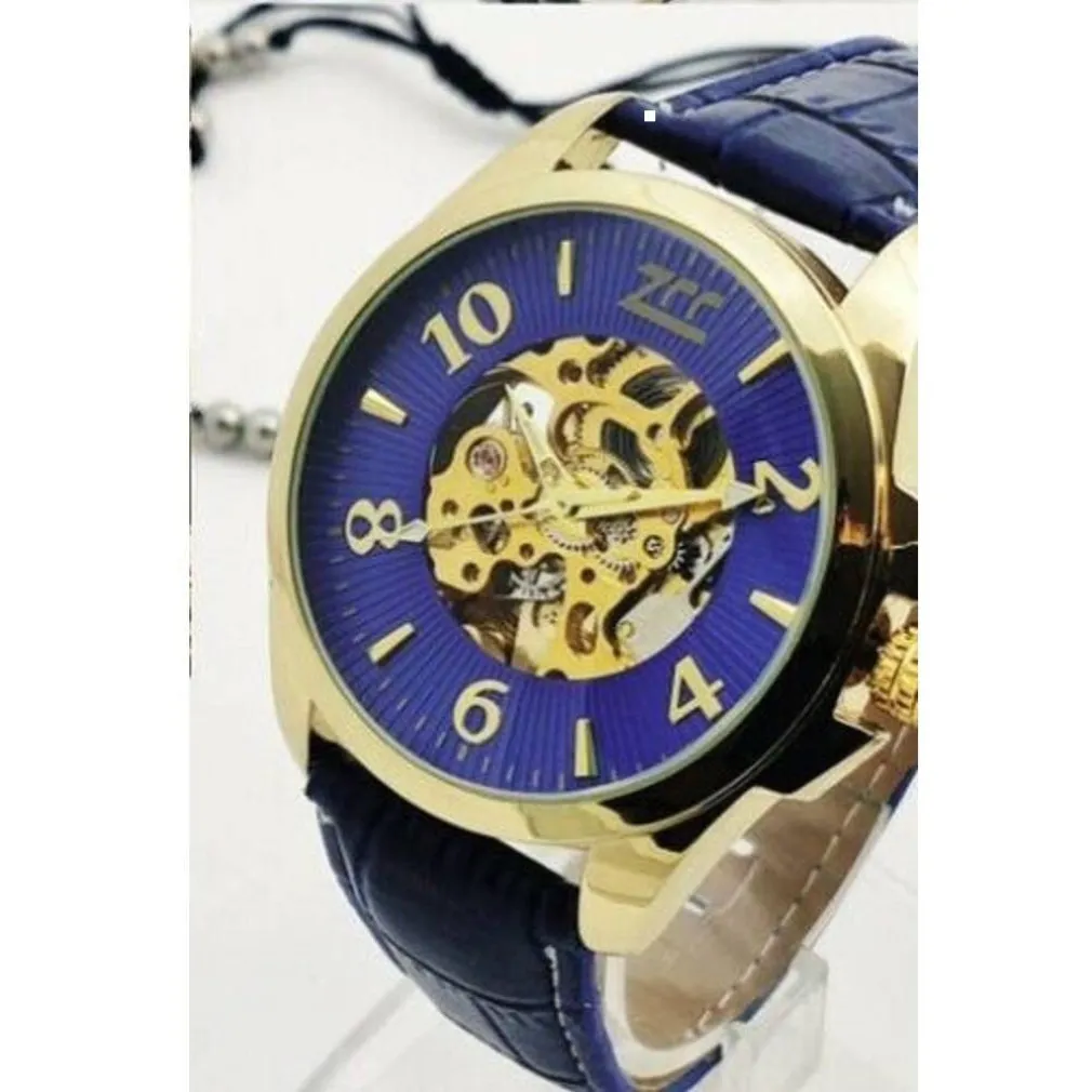 OROLOGIO POLSO ZCC UOMO AUTOMATICO ANALOGICO CINTURINO PELLE CASUAL BLU DORATO