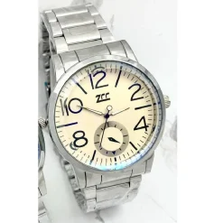 OROLOGIO POLSO ZCC UOMO ANALOGICO ACCIAIO SILVER CRONO ELEGANTE QUADRANTE DORATO