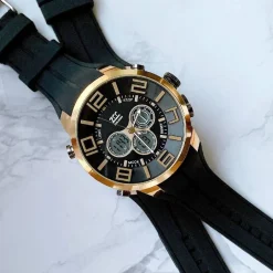 OROLOGIO POLSO ZCC UOMO DUAL TIME ANALOGICO DIGITALE SVEGLIA SPORT DORATO NERO