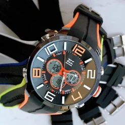 OROLOGIO POLSO ZCC UOMO DUAL TIME ANALOGICO DIGITALE SPORT SVEGLIA ARANCIO NERO