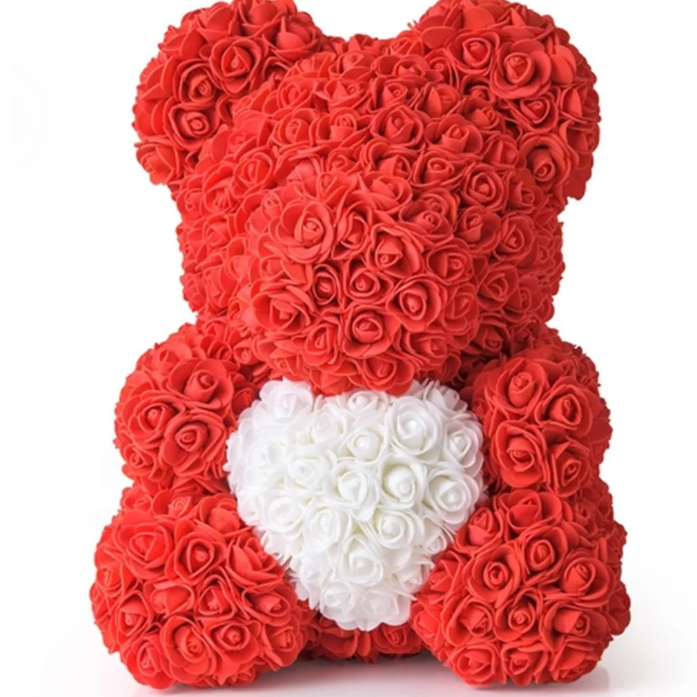 ORSACCHIOTTO ORSETTO ORSO DI ROSE CON FIORI DA 25 CM ROSSO CON CUORE BIANCO
