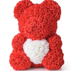 ORSACCHIOTTO ORSETTO ORSO DI ROSE CON FIORI DA 40CM ROSSO CON CUORE BIANCO