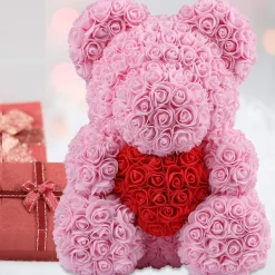 ORSACCHIOTTO ORSETTO ORSO DI ROSE CON FIORI DA 25CM COLORE ROSA CON CUORE ROSSO
