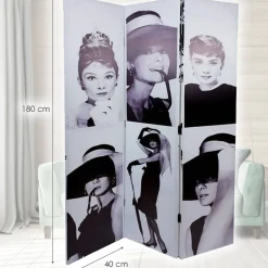 PARAVENTO SEPARE DIVISORIO CON 3 PANNELLI 180X120CM STAMPA F R AUDREY HEPBURN