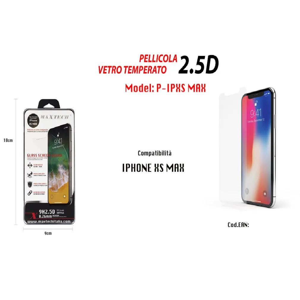 PELLICOLA IN VETRO TEMPERATO PROTEGGI SCHERMO PER IPHONE XS MAX MAXTECH P-IPXS MAX