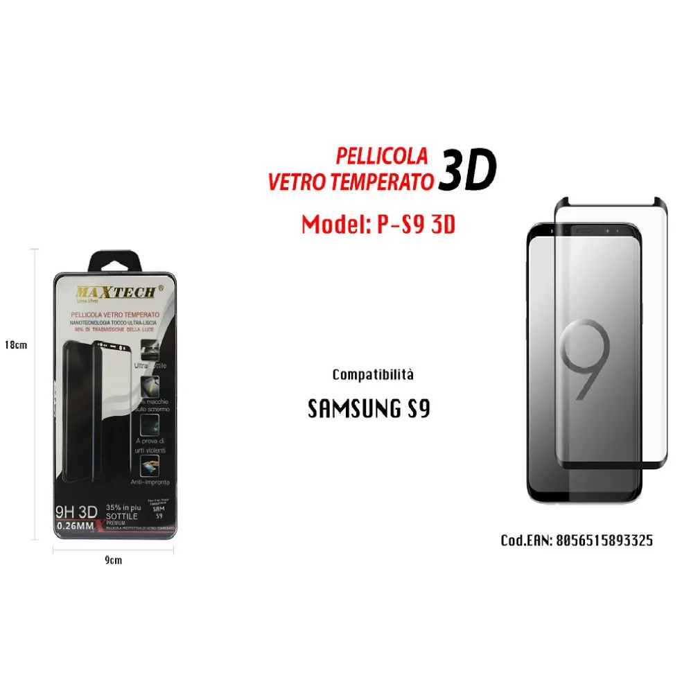 PELLICOLA VETRO TEMPERATO 3D PER SAMSUNG GALAXY S9 ANTIGRAFFIO MAXTECH P-S9 3D