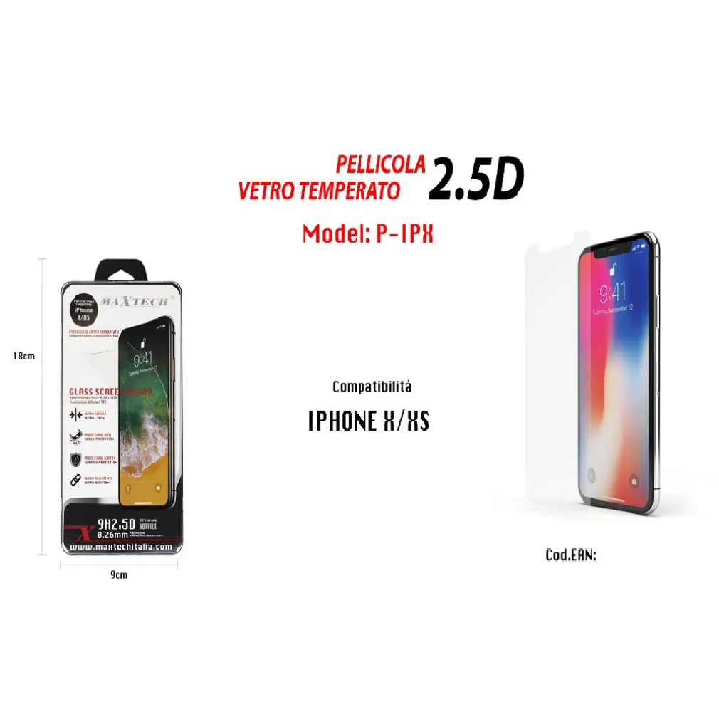 PELLICOLA VETRO TEMPERATO PER IPHONE X / XS 5D CURVO PROTEZIONE MAXTECH P-IPX