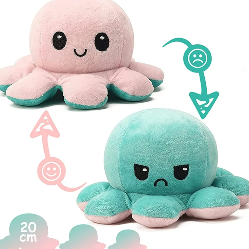 PELUCHE POLPO REVERSIBILE SORRIDENTE GIOCATTOLO POLIPETTO FACCIA TRISTE FELICE