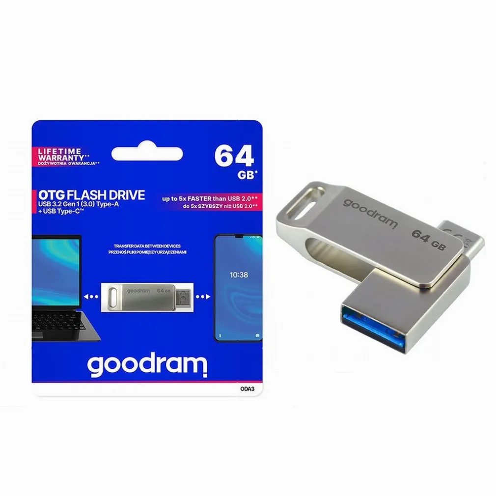 PEN DRIVE 64 GB USB 3.2 GEN 1 3.0 TYPE-A + USB TYPE C DUAL DRIVE OTG ODA3-64GB