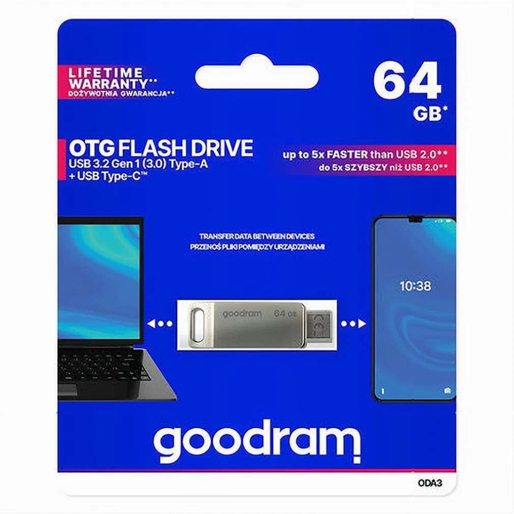 PEN DRIVE 64 GB USB 3.2 GEN 1 3.0 TYPE-A + USB TYPE C DUAL DRIVE OTG ODA3-64GB