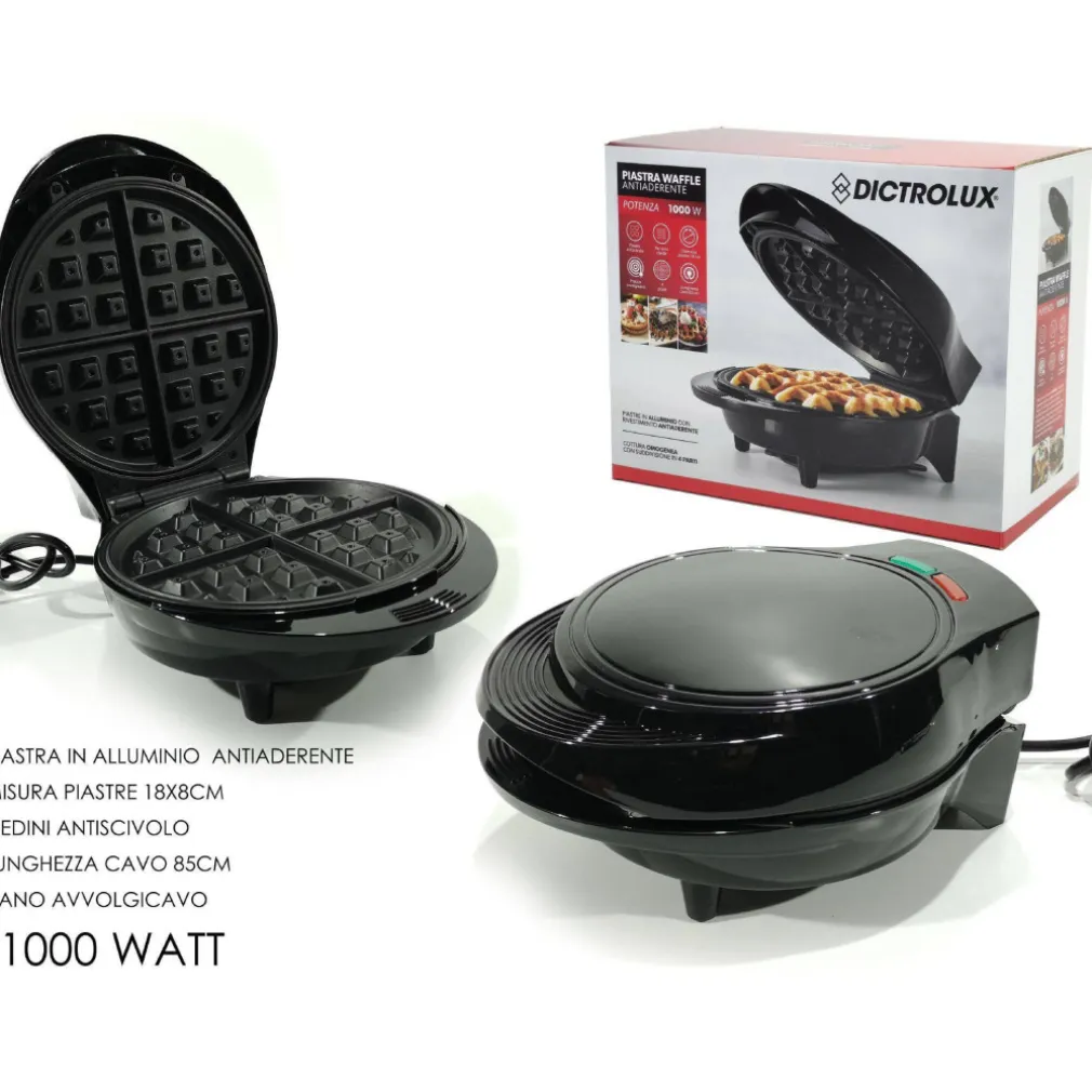 PIASTRA ELETTRICA MACCHINA WAFFLE MAKER 1000W GRIGLIA PIASTRE ANTIADERENTI NERO