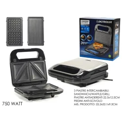 PIASTRA TOSTIERA ELETTRICA 3IN1 CON 3 PIASTRE ANTIADERENTE INTERCAMBIABILI 750W SALVASPAZIO