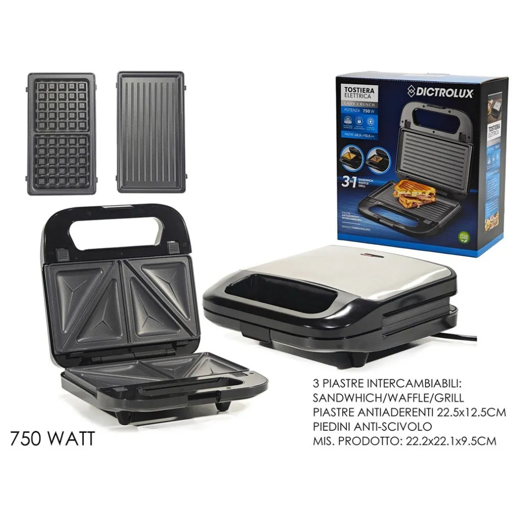 PIASTRA TOSTIERA ELETTRICA 3IN1 CON 3 PIASTRE ANTIADERENTE INTERCAMBIABILI 750W SALVASPAZIO