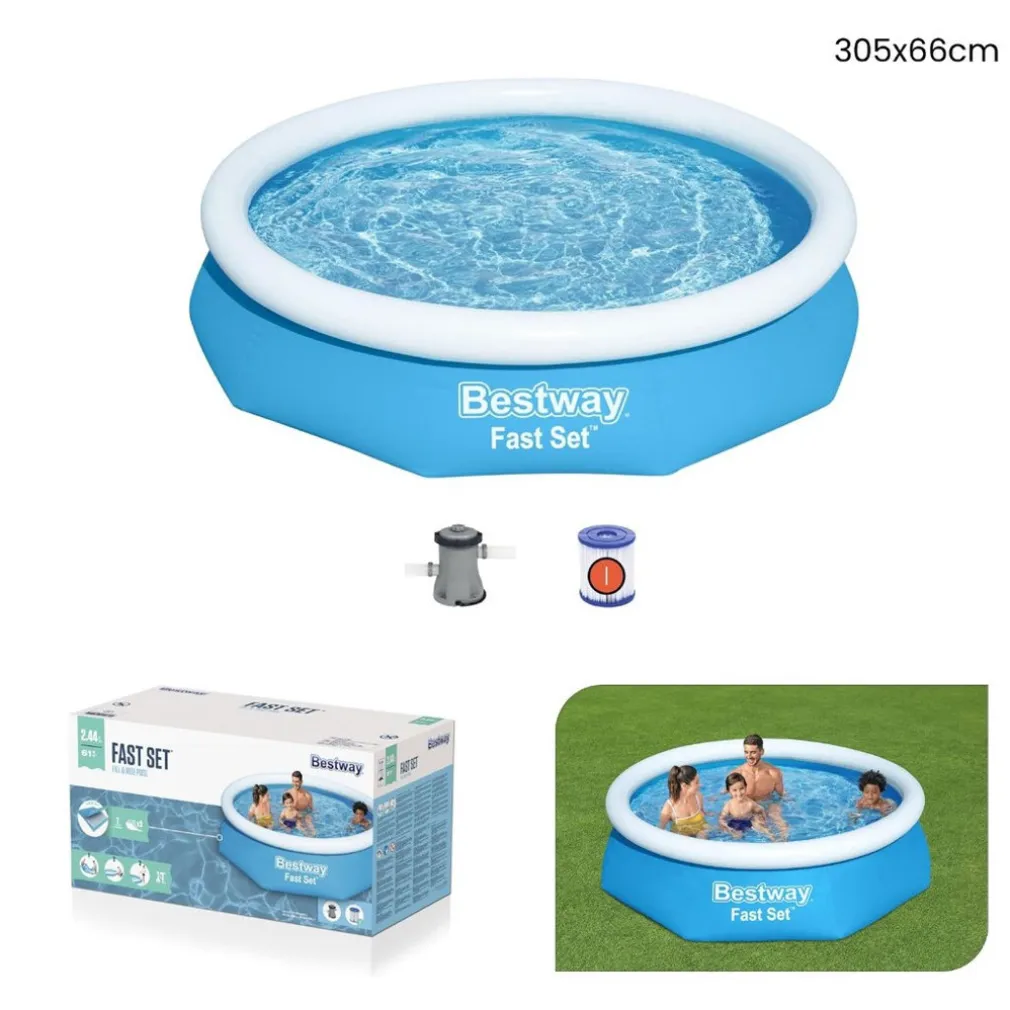 PISCINA FUORI TERRA TONDA GONFIABILE FAST SET 305X66CM CON POMPA FILTRO CARTUCCIA 57458