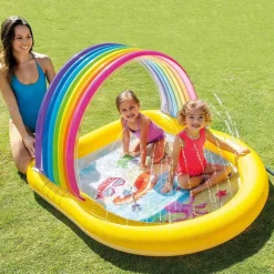 PISCINA GONFIABILE BABY 2+ANNI ARCOBALENO 147X130X86CM CON SPRUZZI PARASOLE 57156