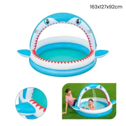 PISCINA PER BAMBINI SHARKTASTIC 2 ANELLI GRAFICA A SQUALO 163X127X92CM CON SPRUZZO 53157