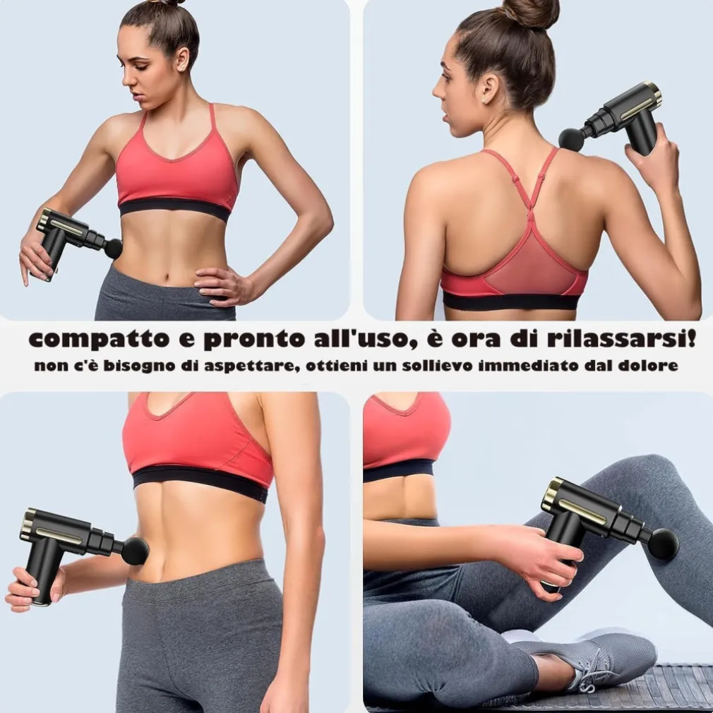 PISTOLA MASSAGGIATORE MUSCOLARE REGOLABILE CON 4 TESTINE PER ALLEVIARE DOLORE
