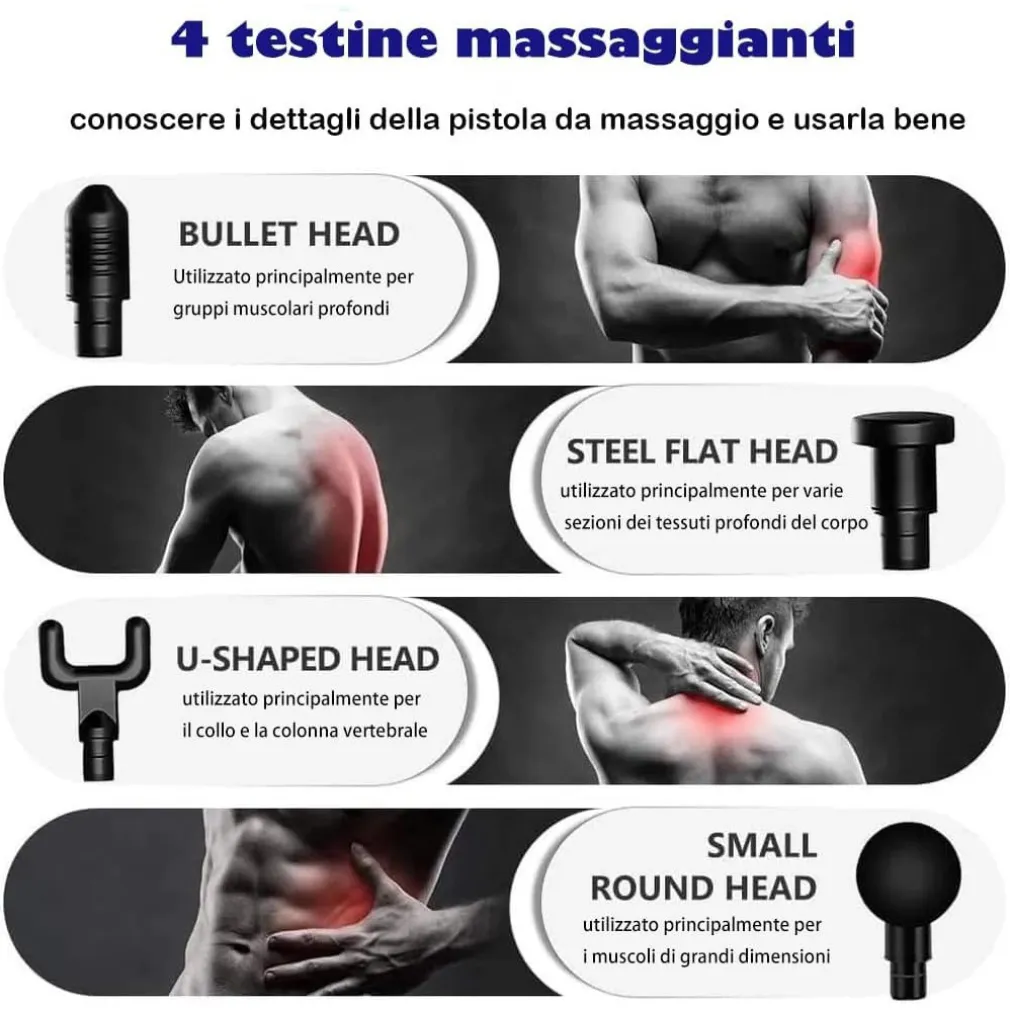 PISTOLA MASSAGGIATORE MUSCOLARE REGOLABILE CON 4 TESTINE PER ALLEVIARE DOLORE