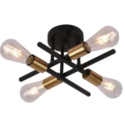 PLAFONIERA A SOFFITTO DESIGN INDUSTRIALE MODERNA NERO ORO 4 PORTALAMPADA ATTACCO E27 PN-16