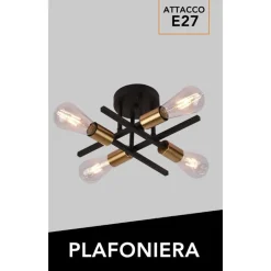 PLAFONIERA A SOFFITTO DESIGN INDUSTRIALE MODERNA NERO ORO 4 PORTALAMPADA ATTACCO E27 PN-16
