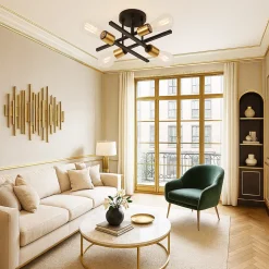 PLAFONIERA A SOFFITTO DESIGN INDUSTRIALE MODERNA NERO ORO 4 PORTALAMPADA ATTACCO E27 PN-16