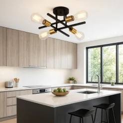 PLAFONIERA A SOFFITTO DESIGN INDUSTRIALE MODERNA NERO ORO 4 PORTALAMPADA ATTACCO E27 PN-16