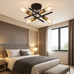 PLAFONIERA A SOFFITTO DESIGN INDUSTRIALE MODERNA NERO ORO 4 PORTALAMPADA ATTACCO E27 PN-16