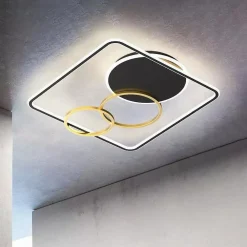 PLAFONIERA LED 55W QUADRATO CON CERCHI NERO ORO LAMPADA SOFFITTO LUCE 4000K 70890