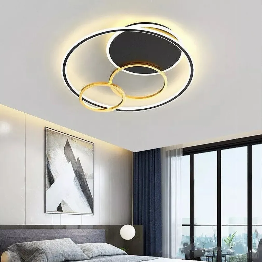 PLAFONIERA LED 55W TONDO CON CERCHI NERO ORO LAMPADA DA SOFFITTO LUCE 4000K 70876