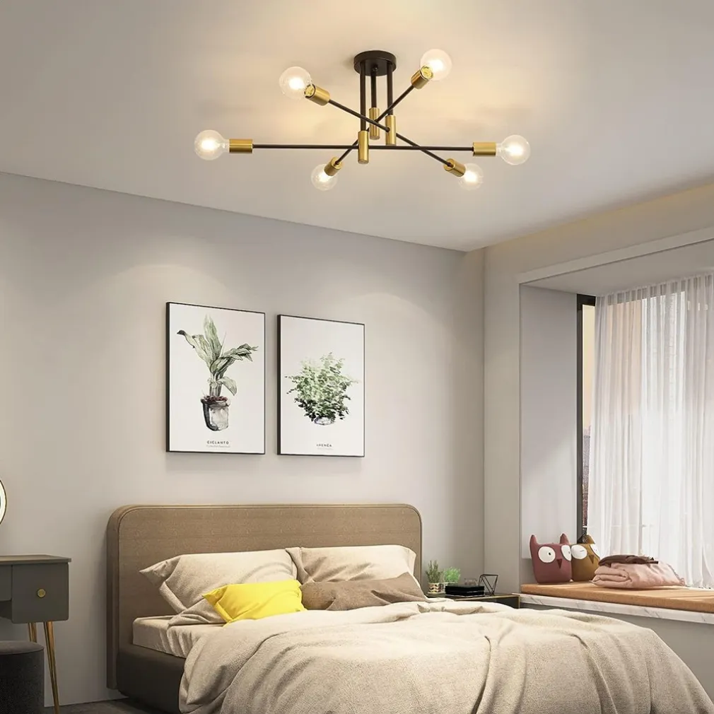 PLAFONIERA SOFFITTO DESIGN INDUSTRIALE MODERNA NERO ORO 6 PORTALAMPADA ATTACCO E27 PN-14