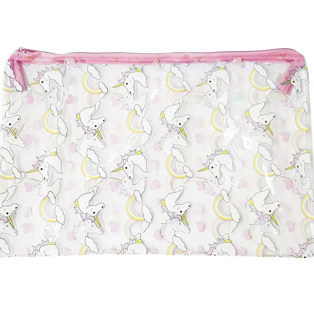 POCHETTE TRASPARENTE ROSA FANTASIA UNICORNO TRUCCO PLASTICA BEAUTY CASE DONNA