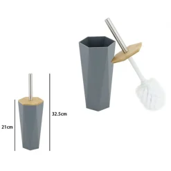 PORTA SCOPINO ESAGONALE GEOMETRICO GRIGIO LEGNO CON SCOPETTINO SPAZZOLONE WC BAGNO 10849