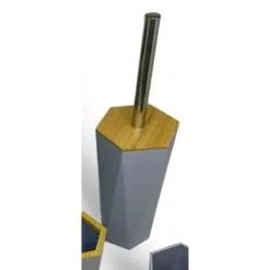 PORTA SCOPINO ESAGONALE GEOMETRICO GRIGIO LEGNO CON SCOPETTINO SPAZZOLONE WC BAGNO 10849