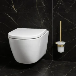 PORTA SCOPINO PER WC IN ACCIAIO ORO CON BICCHIERE VETRO SATINATO ACCESSORIO BAGNO 87935