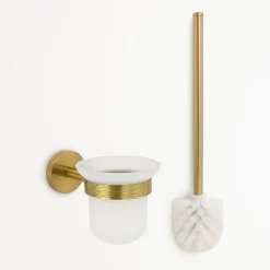 PORTA SCOPINO PER WC IN ACCIAIO ORO CON BICCHIERE VETRO SATINATO ACCESSORIO BAGNO 87935