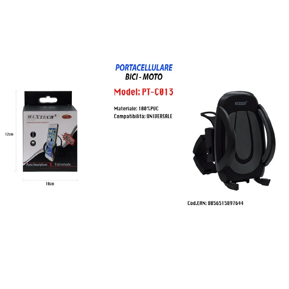 PORTACELLULARE BICI MOTO UNIVERSALE PER SMARTPHONE IPAD NAVIGATORE MAXTECH PT-C013